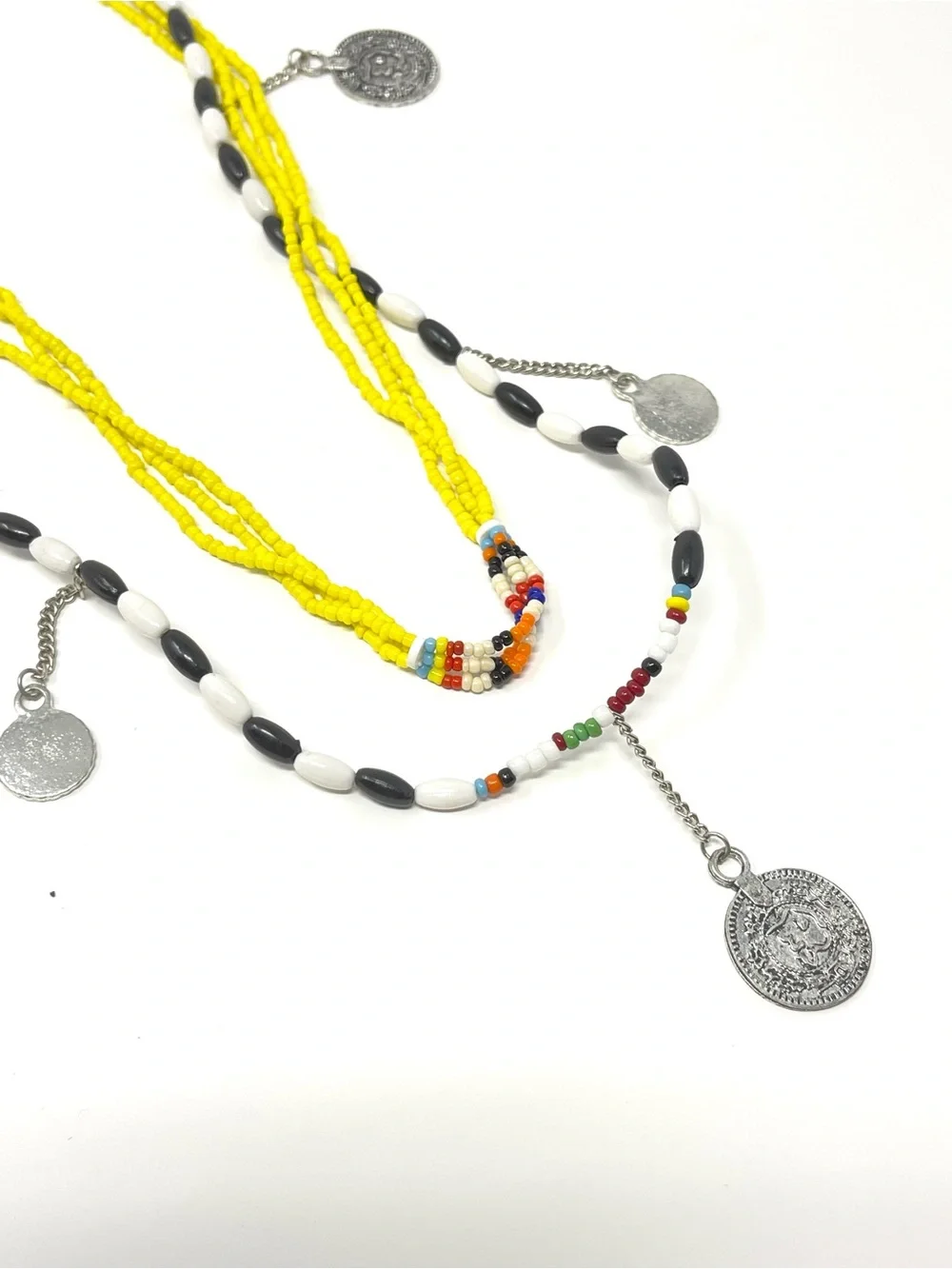 New Free People Layered Beaded Coin Silver Necklace - Picture 2 of 5